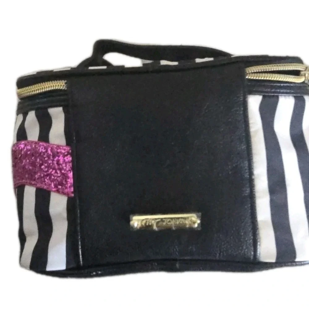 Betsey Johnson Stripe Cat Makeup Bag Pink Glitter Ears Train Case Cosmetic Pouch